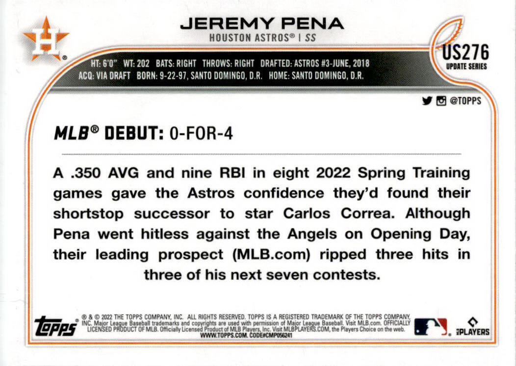 2022 Topps Update #US276 Jeremy Pena RC Houston Astros