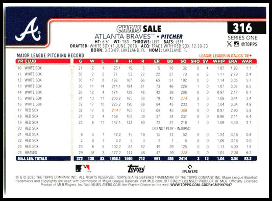 2025 Topps #316 Chris Sale Atlanta Braves