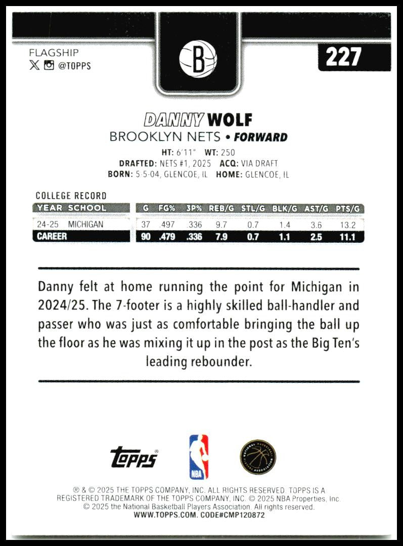 2025-26 Topps #227 Danny Wolf Rookie Brooklyn Nets