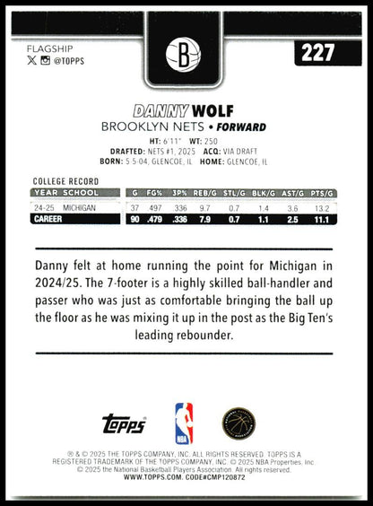 2025-26 Topps #227 Danny Wolf Rookie Brooklyn Nets