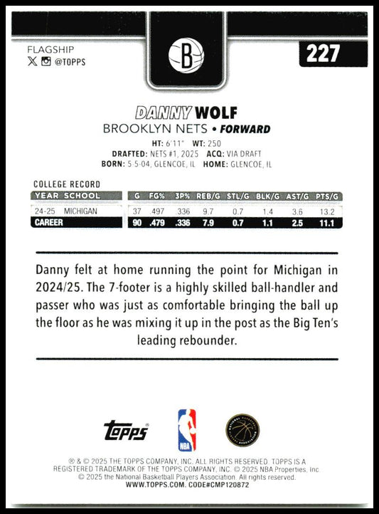 2025-26 Topps #227 Danny Wolf Rookie Brooklyn Nets