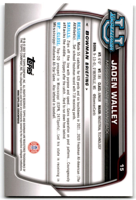 2022 bowman chrome university Jaden walley Mississippi State Bulldogs #15