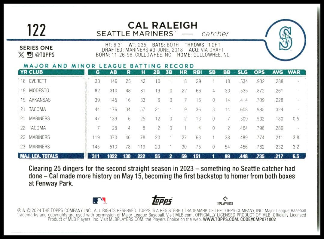2024 Topps #122 Cal Raleigh Seattle Mariners