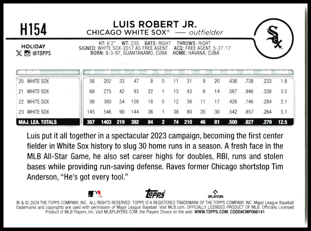2024 Topps Holiday #H154 Luis Robert Jr. Chicago White Sox