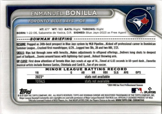 2024 Bowman Chrome Prospects Orange Shimmer Refractors #BCP-53 Enmanuel Bonilla