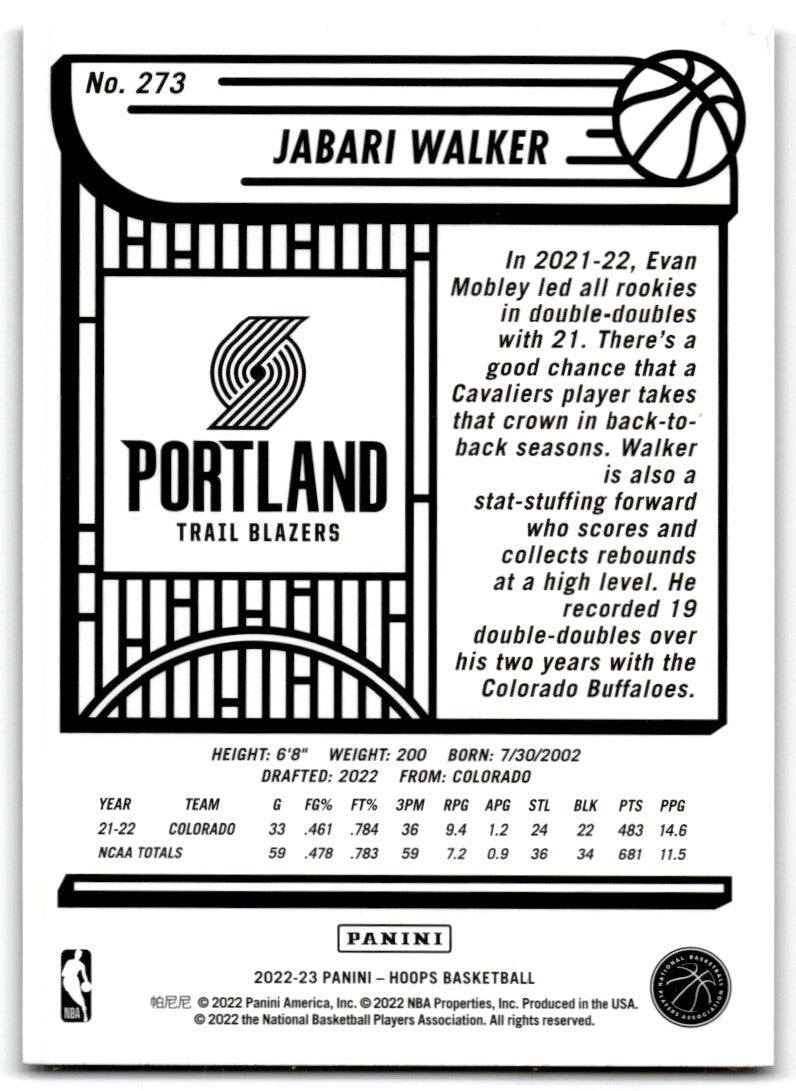 2022-23 Purple Jabari Walker Rookie Portland Trail Blazers #273