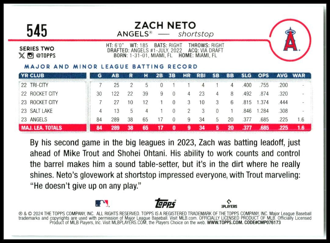 2024 Topps #545 Zach Neto Los Angeles Angels
