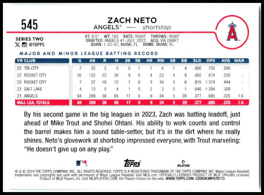2024 Topps #545 Zach Neto Los Angeles Angels