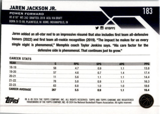 2023-24 Topps Chrome Basketball #183 Jaren Jackson JR Memphis Grizzlies