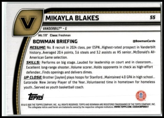 2024-25 Bowman University Chrome Green Shimmer #55 Mikayla Blakes Vanderbilt