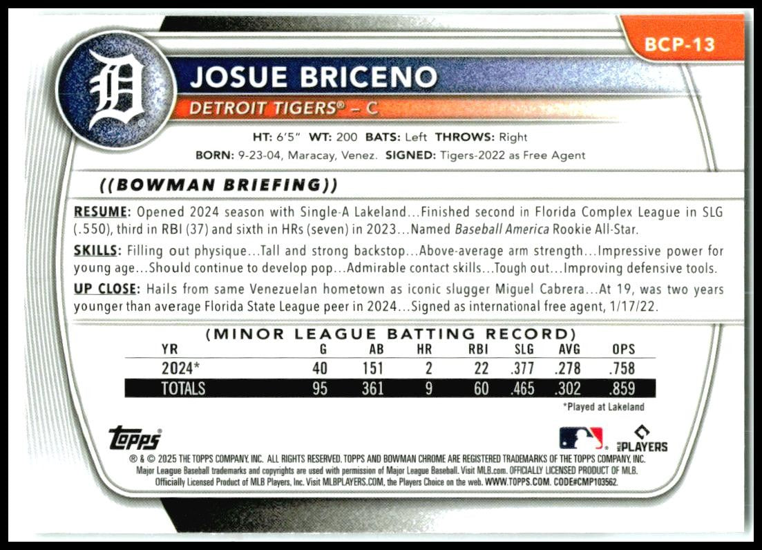 2025 Bowman Chrome Prospects Mojo Refractor #BCP-13 Josue Briceno Detroit Tigers
