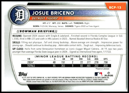 2025 Bowman Chrome Prospects Mojo Refractor #BCP-13 Josue Briceno Detroit Tigers