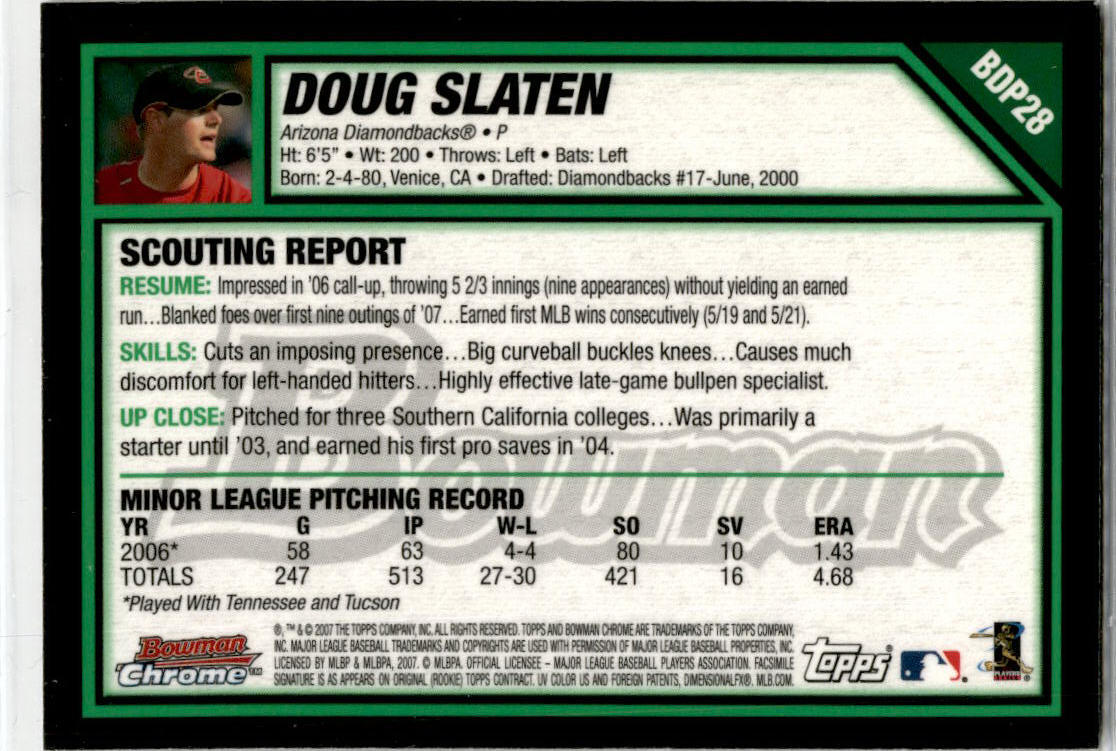 2007 Bowman Draft Picks & Prospects #BDP28 Doug Slaten Arizona Diamondbacks