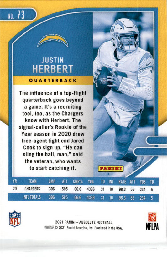 2021 Panini Absolute #73 Justin Herbert Los Angeles Chargers