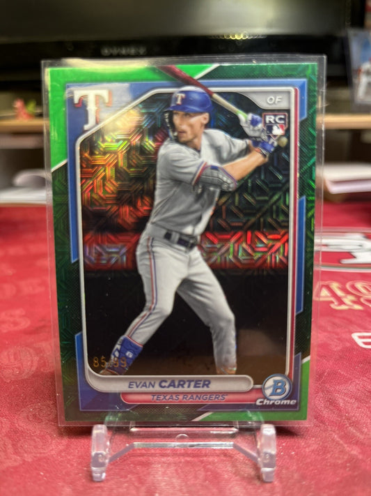 2024 Bowman Chrome Green Mojo 65 Evan Carter Rookie #/99 Texas Ranger