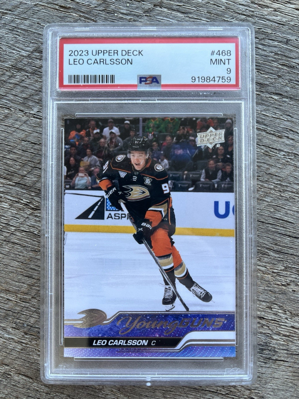 2023-24 Upper Deck #468 Leo Carlsson Young Guns RC - Graded PSA 9 Anaheim Ducks