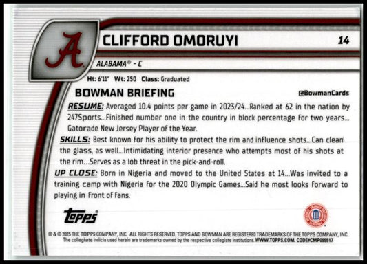 2024-25 Bowman University Chrome Green Shimmer #14 Clifford Omoruyi Alabama