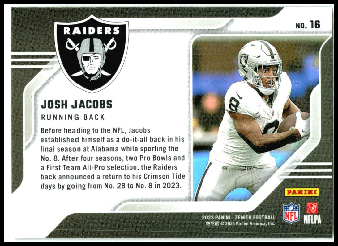 2023 Panini Zenith Behind the Numbers #16 Josh Jacobs Las Vegas Raiders