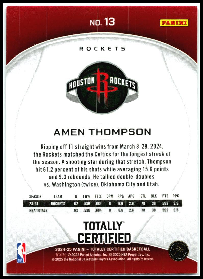 2024-25 Panini Totally Certified #13 Amen Thompson Houston Rockets