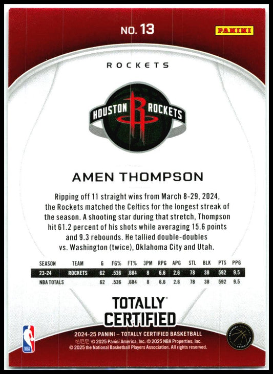 2024-25 Panini Totally Certified #13 Amen Thompson Houston Rockets