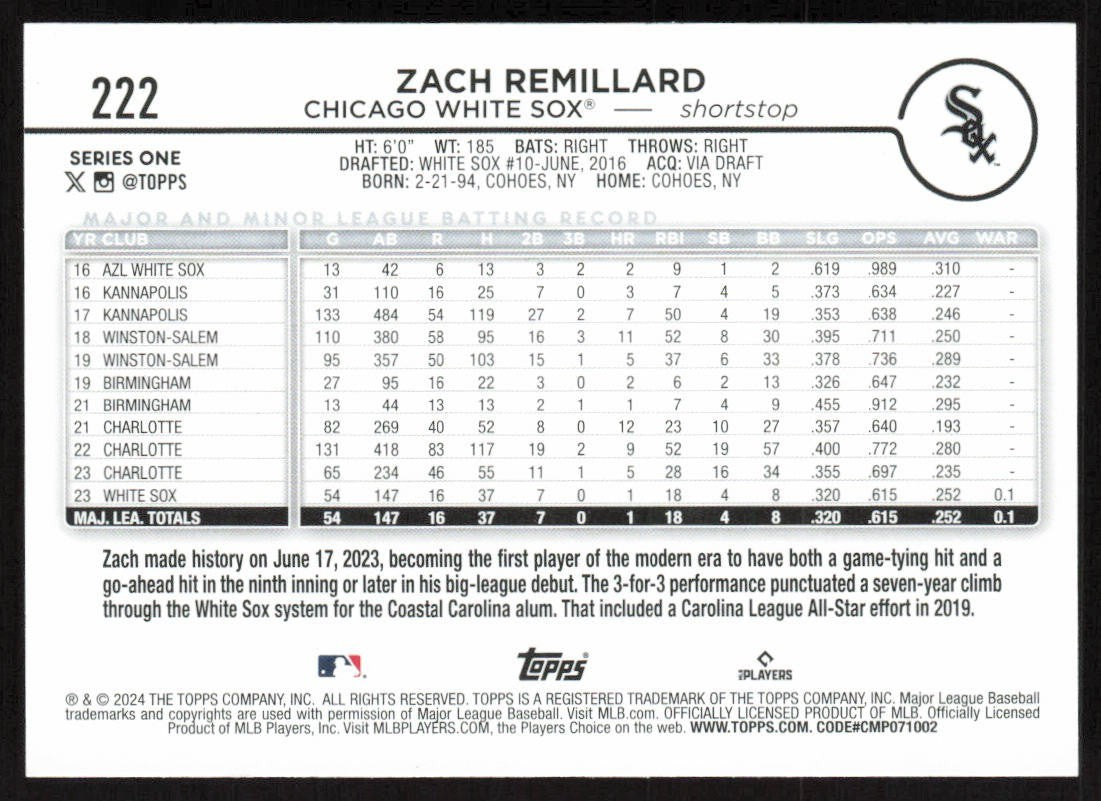 Zach Remillard #222 RC 2024 Topps Series One