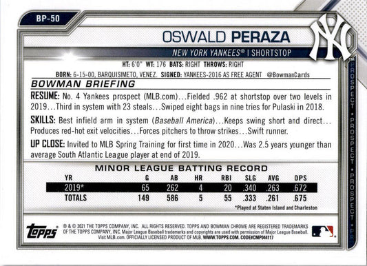 2021 Bowman Purple  #BP-50 Oswald Peraza 216/250  New York Yankees