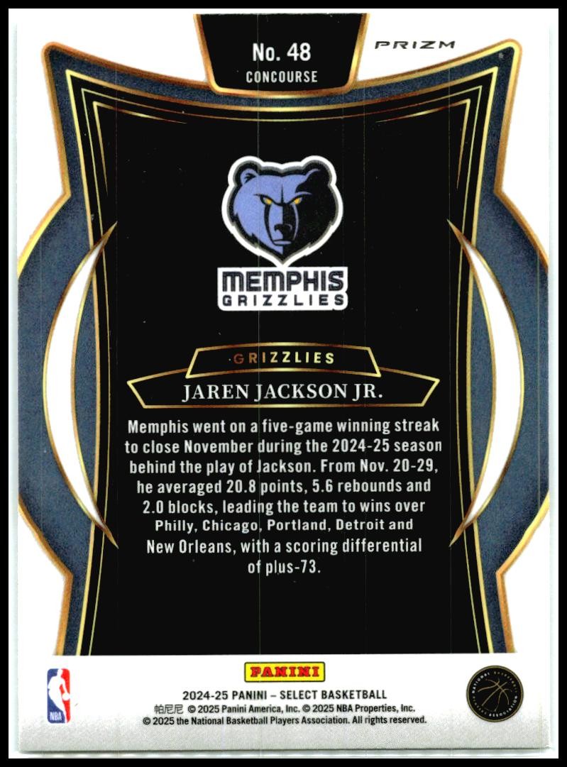 2024-25 Panini Select Silver Prizm #48 Jaren Jackson Jr. Memphis Grizzlies