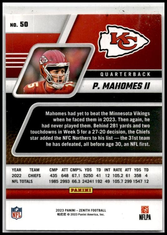 2023 Panini Zenith Red Zone #50 Patrick Mahomes II Kansas City Chiefs