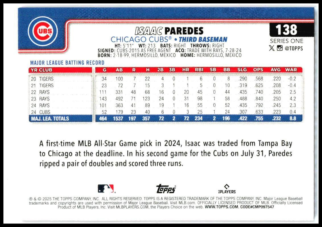 2025 Topps Pink Holo Foil #138 Isaac Paredes Chicago Cubs