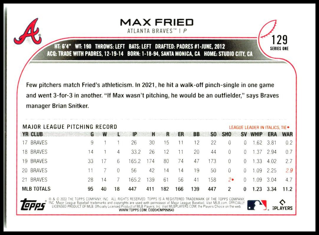 2022 Topps #129 Max Fried Atlanta Braves