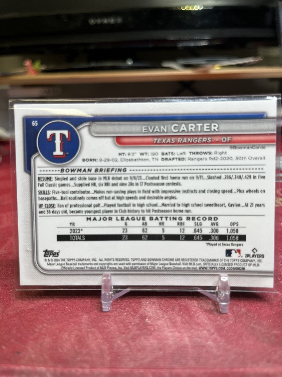 2024 Bowman Chrome Green Mojo 65 Evan Carter Rookie #/99 Texas Ranger