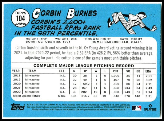 2023 Topps Archives #104 Corbin Burnes Milwaukee Brewers