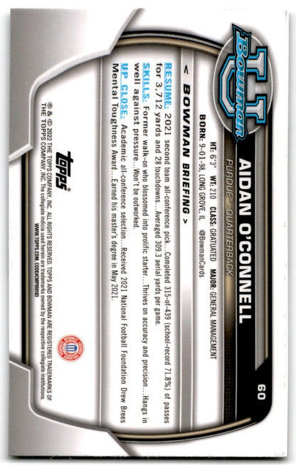 2022 Bowman University Chrome Aidan O'Connell Purdue Boilermakers #60