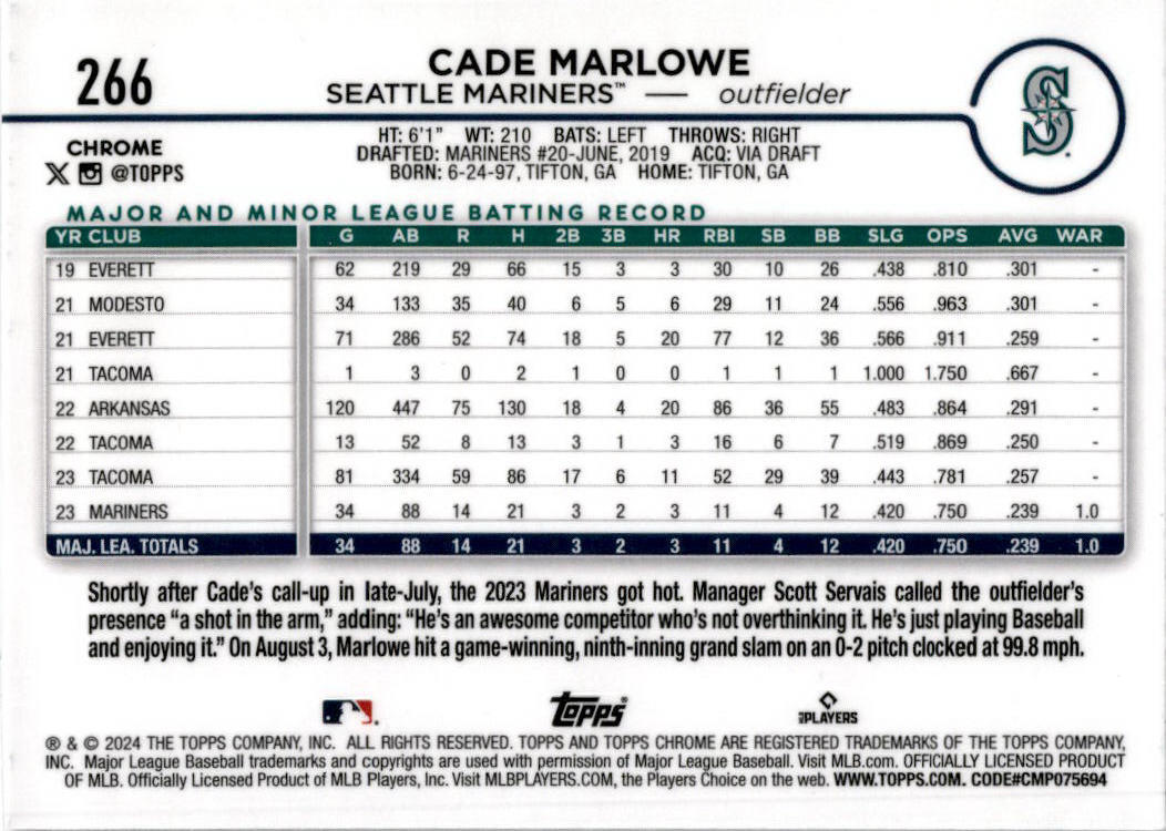 2024 Topps Chrome Xfractor #286 Cade Marlowe Seattle Mariners