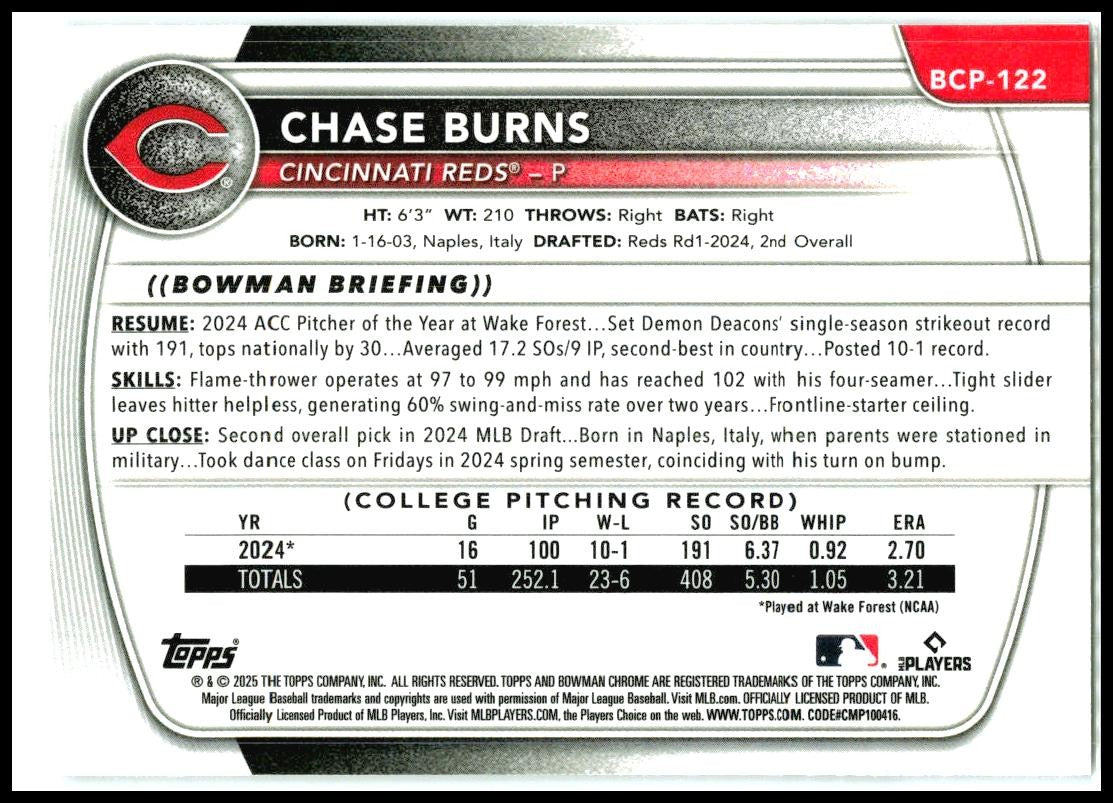 2025 Bowman Chrome Prospects X-Fractor #BCP-122 Chase Burns Cincinnati Reds