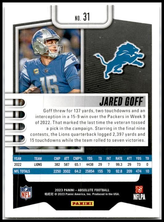 2023 Panini Absolute #31 Jared Goff Detroit Lions