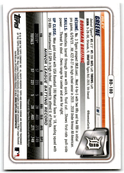 2020 Bowman Draft Chrome Riley Greene Detroit Tigers #BD-180