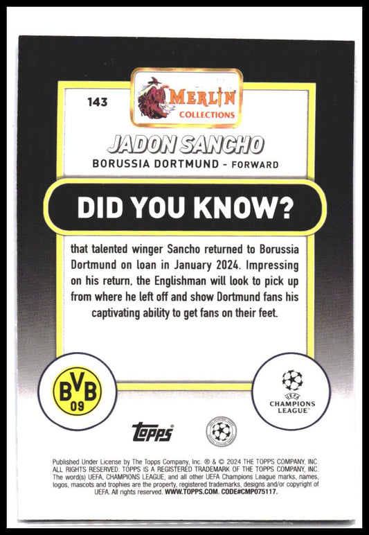 2023-24 Merlin UEFA Club Competitions #143 Jadon Sancho Aqua Refractor #/199
