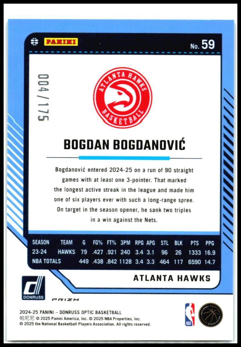 2024-25 Donruss Optic Hyper Blue #59 Bogdan Bogdanovic #/175 Atlanta Hawks