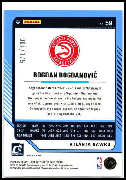 2024-25 Donruss Optic Hyper Blue #59 Bogdan Bogdanovic #/175 Atlanta Hawks