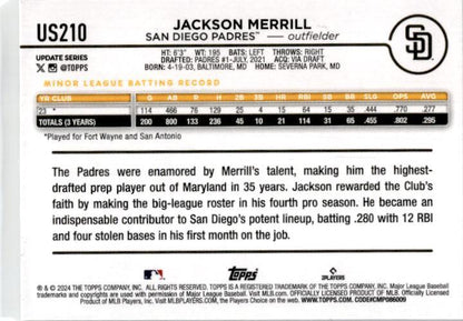 2024 Topps Update #US210 Jackson Merrill Rookie San Diego Padres