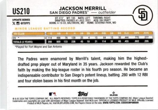2024 Topps Update #US210 Jackson Merrill Rookie San Diego Padres
