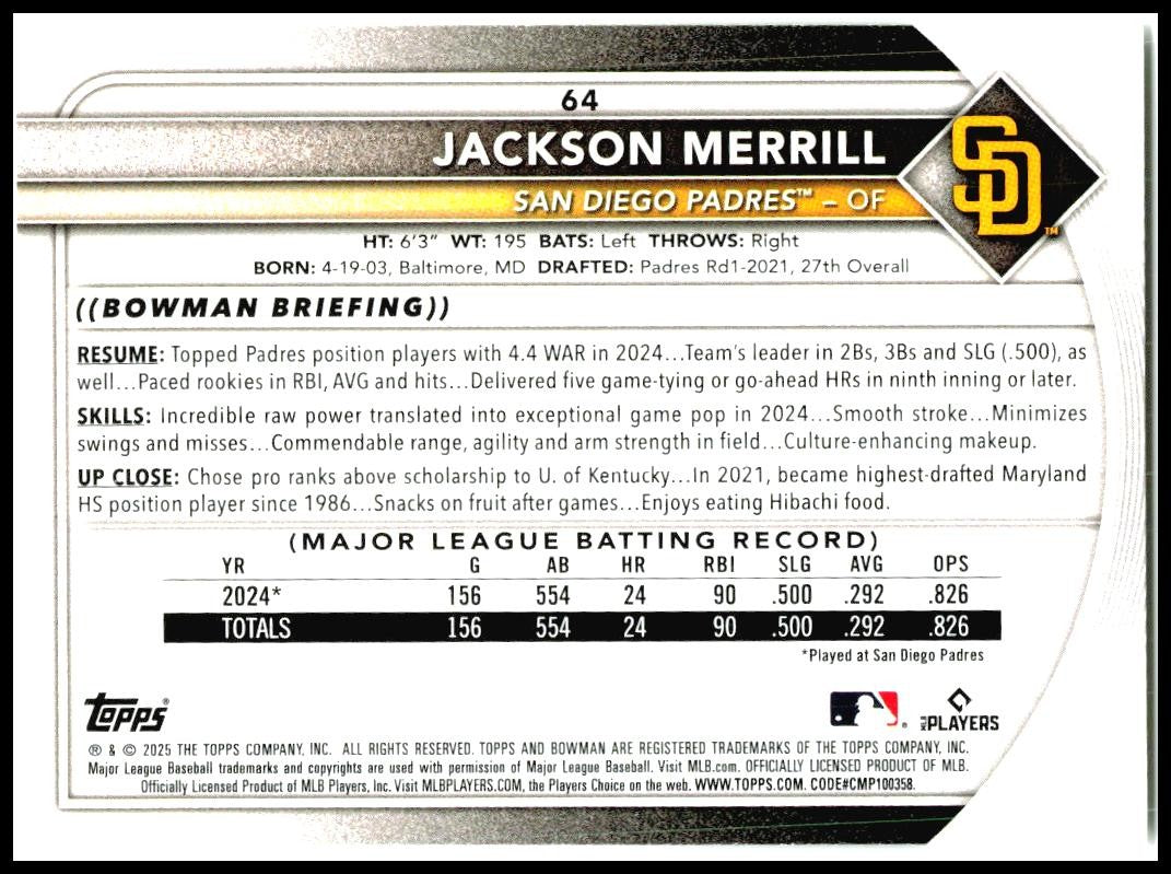 2025 Bowman #64 Jackson Merrill San Diego Padres