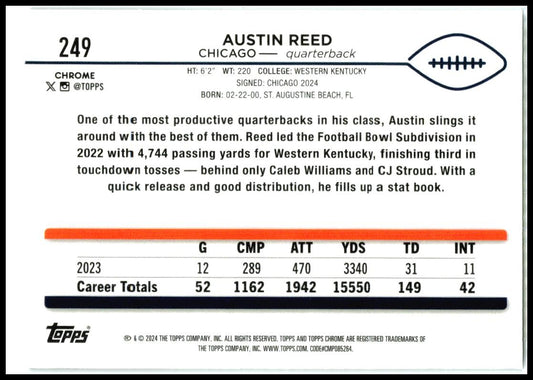 2024 Topps Chrome #249 Austin Reed Rookie Chicago Bears