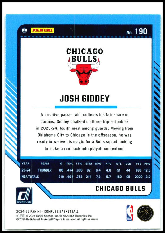 2024-25 Donruss Holo Green Laser #190 Josh Giddey Chicago Bulls