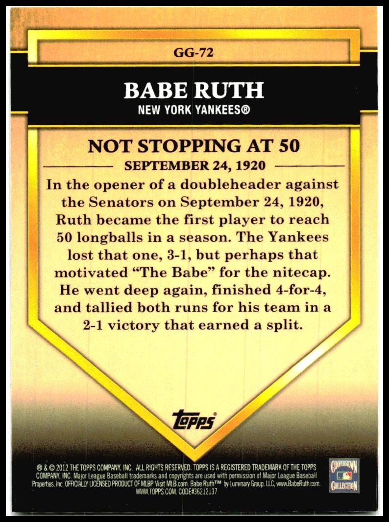 2012 Topps Golden Greats #GG-72 Babe Ruth New York Yankees