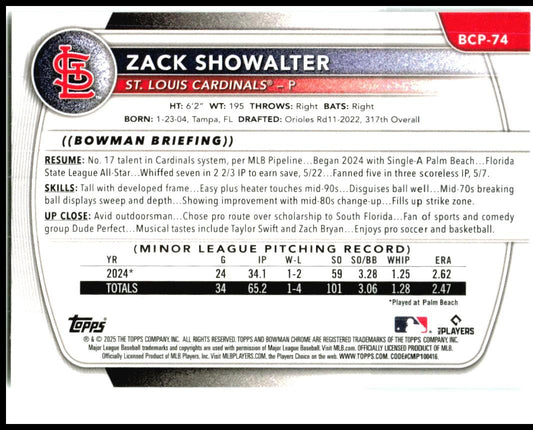 2025 Bowman Chrome Prospects #BCP-74 Zack Showalter St. Louis Cardinals