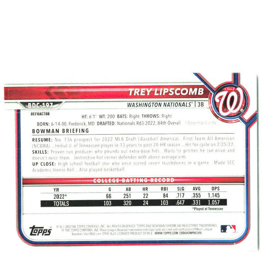 2022 Bowman Draft #BD-197 Trey Lipscomb Washington Nationals