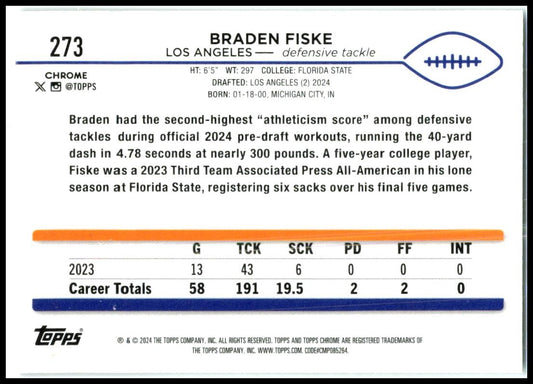 2024 Topps Chrome Sepia #273 Braden Fiske Rookie Los Angeles Rams