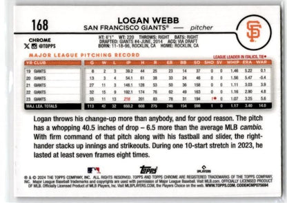 2024 Topps Chrome Pink Refractors #168 Logan Webb San Francisco Giants